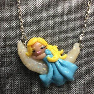 Blonde Girl Moon Necklace Blue Dress Silver Chain Lady Woman Sparkle Cottage